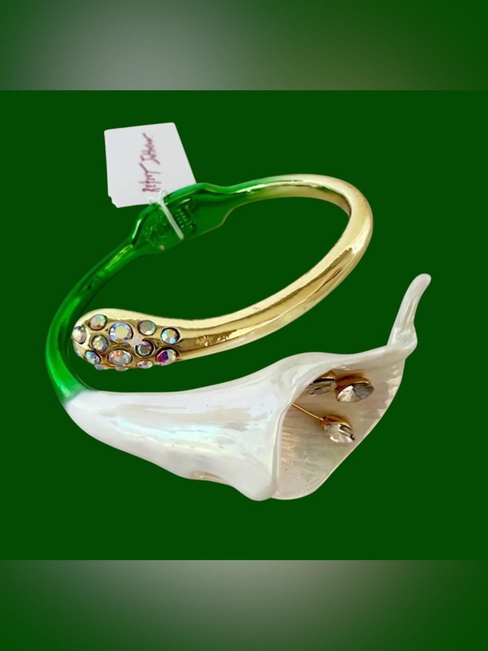 Betsey Johnson Gold and White Crystal Floral Cuff Bangle